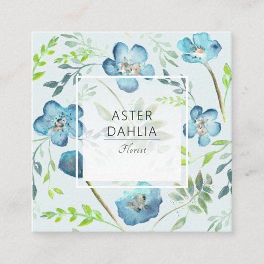 Boho Blue Green Waterverf Painted Flowers Vierkante Visitekaartje (Voorkant)