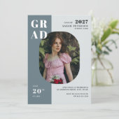 Boho Blue Grey Bold Typografie Foto Afstuderen Kaart (Staand voorkant)