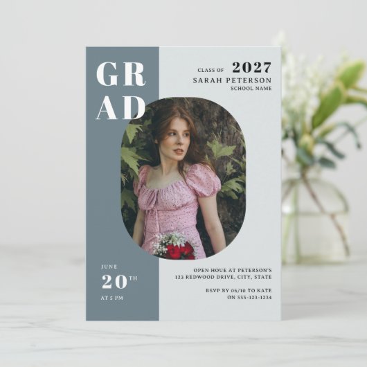 Boho Blue Grey Bold Typografie Foto Afstuderen Kaart (Staand voorkant)