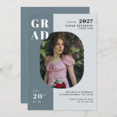 Boho Blue Grey Bold Typografie Foto Afstuderen Kaart (Voorkant / Achterkant)