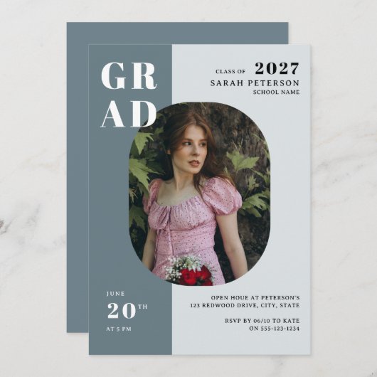 Boho Blue Grey Bold Typografie Foto Afstuderen Kaart (Voorkant / Achterkant)