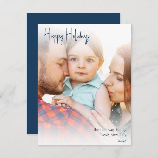 Boho Blue Handgeschreven script Full Photo Happy Feestdagenkaart (Voorkant / Achterkant)