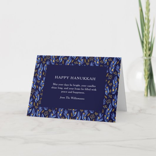 Boho Blue Hanukkah Botanical Custom Blank Folded Feestdagen Kaart (Voorkant)