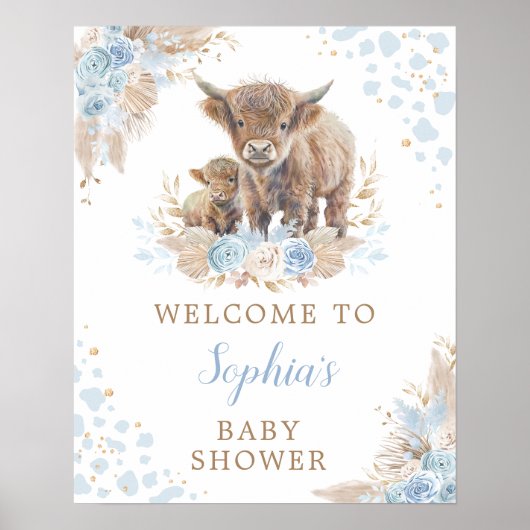 Boho Blue Highland Koe Baby Jongensdouche Welkom Poster (Voorkant)