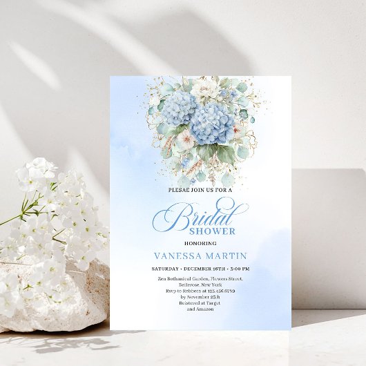 Boho Blue Hydrangea Bridal Shower Gold Invitation Kaart