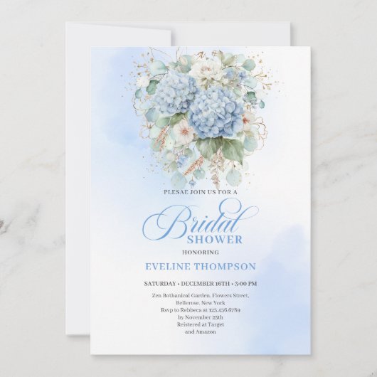 Boho Blue Hydrangea Bridal Shower Gold Invitation Kaart (Voorkant)