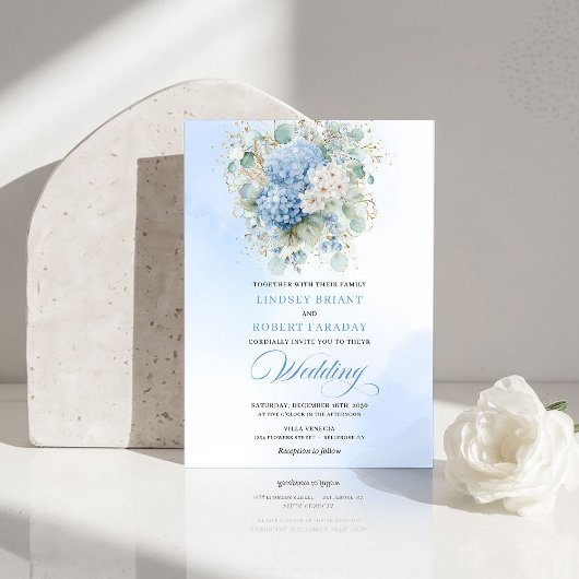 Boho Blue Hydrangea Gold Floral Wedding Invitation Kaart