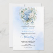 Boho Blue Hydrangea Gold Floral Wedding Invitation Kaart (Voorkant)