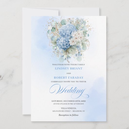 Boho Blue Hydrangea Gold Floral Wedding Invitation Kaart (Voorkant)