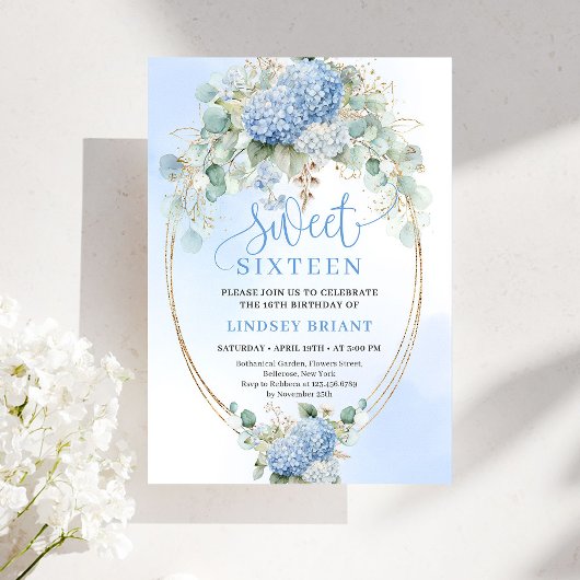 Boho Blue Hydrangea Gold Sweet Sixteen Invitation Kaart