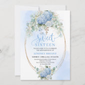 Boho Blue Hydrangea Gold Sweet Sixteen Invitation Kaart (Voorkant)