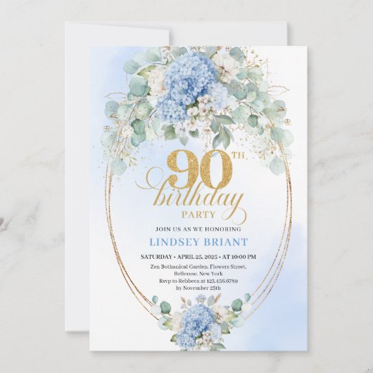 Boho Blue Hydrangea Greenery 90th Birthday Invite Kaart (Voorkant)