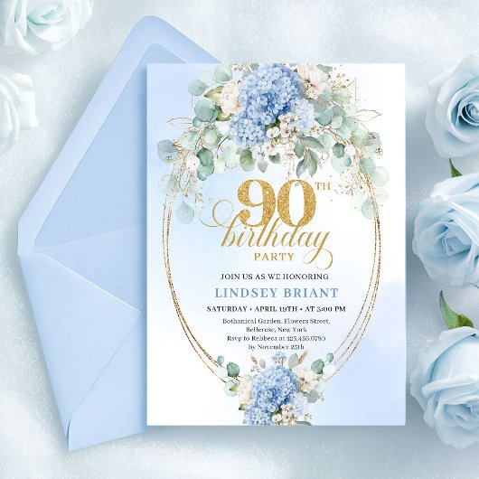 Boho Blue Hydrangea Greenery 90th Birthday Invite Kaart