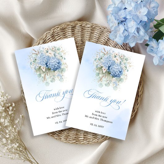 Boho Blue Hydrangeas Eucalyptus Wedding thank you Bedankkaart