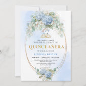 Boho Blue Hydrangeas Gold Quinceañera Invitation Kaart (Voorkant)