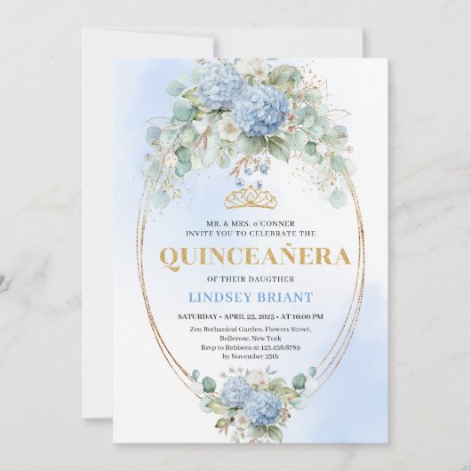 Boho Blue Hydrangeas Gold Quinceañera Invitation Kaart (Voorkant)