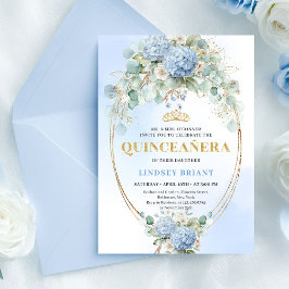 Boho Blue Hydrangeas Gold Quinceañera Invitation Kaart