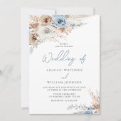 Boho Blue II: Stofblauw & Witte Bloemen Bruiloft Kaart (Voorkant)