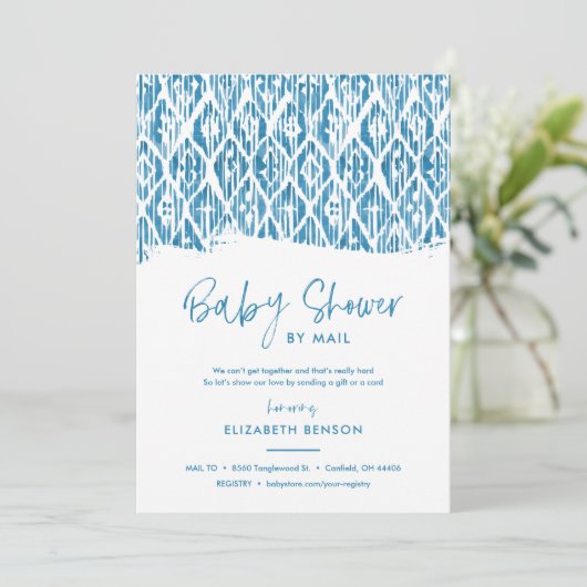 Boho Blue Ikat Baby shower per post Kaart (Staand voorkant)