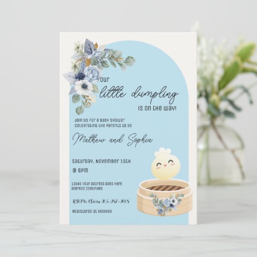 Boho Blue Little Dumpling Baby shower Invitation Kaart (Staand voorkant)