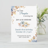 Boho Blue Little Pumpkin eerste verjaardag uitnodi Kaart (Staand voorkant)