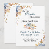 Boho Blue Little Pumpkin eerste verjaardag uitnodi Kaart (Voorkant / Achterkant)