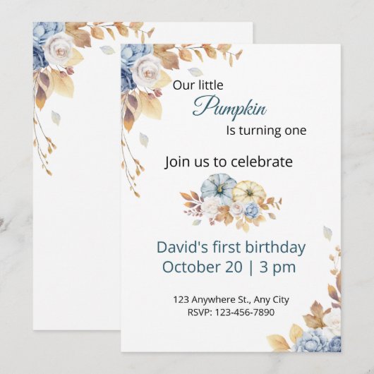 Boho Blue Little Pumpkin eerste verjaardag uitnodi Kaart (Voorkant / Achterkant)