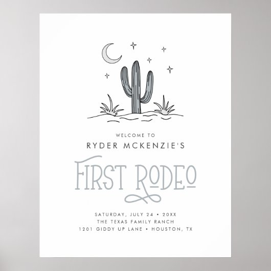 Boho Blue Modern Boys First Rodeo 1 Birthday Poster (Voorkant)