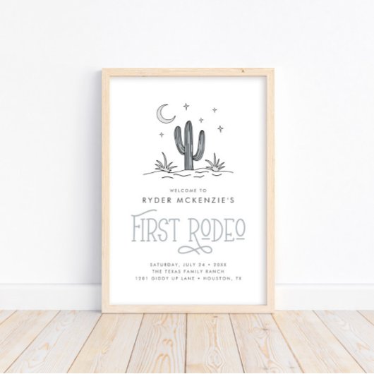 Boho Blue Modern Boys First Rodeo 1 Birthday Poster