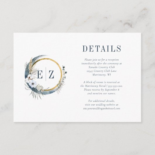 Boho Blue Moon Floral Monogram met details Informatiekaartje (Voorkant)