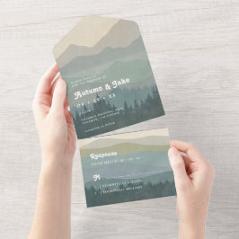 Boho Blue Mountains & Forest Huwelijk Retro  All In One Uitnodiging