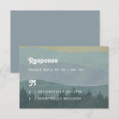 Boho Blue Mountains & Tree Retro Trouw RSVP Kaart (Voorkant / Achterkant)