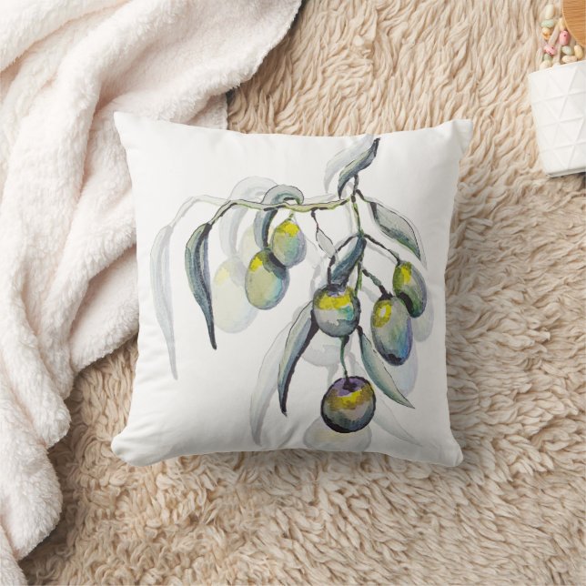 Boho Blue Olive Branch Waterverf Handbeschilderd Kussen (Deken)