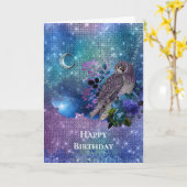 Boho Blue Paarse Owl Moon Birthday Kaart (Gele Bloem)