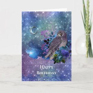 Boho Blue Paarse Owl Moon Birthday Kaart