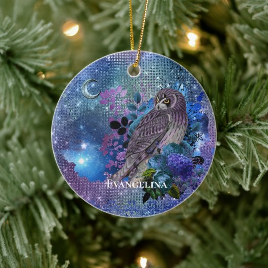 Boho Blue Paarse Owl Moon Keramisch Ornament (Boom)