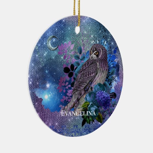 Boho Blue Paarse Owl Moon Keramisch Ornament (Rechts)