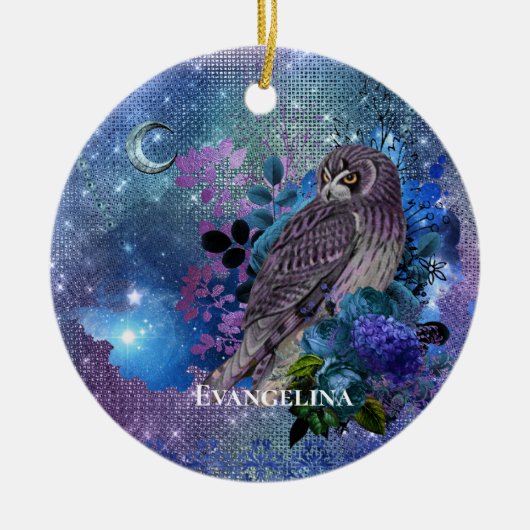 Boho Blue Paarse Owl Moon Keramisch Ornament (Voorkant)