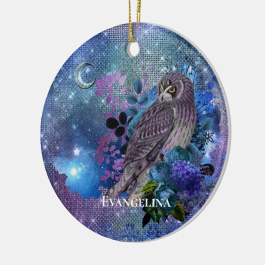 Boho Blue Paarse Owl Moon Keramisch Ornament (Links)