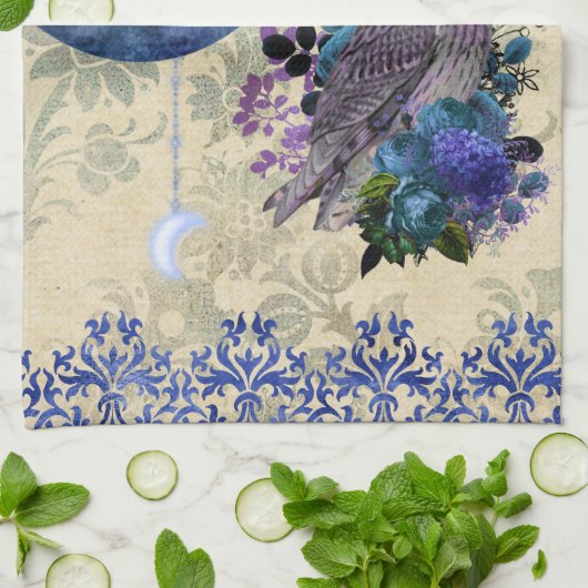 Boho Blue Paarse Owl Moon Theedoek (Gevouwen)