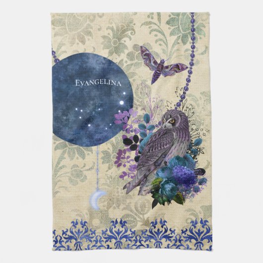Boho Blue Paarse Owl Moon Theedoek (Verticaal)