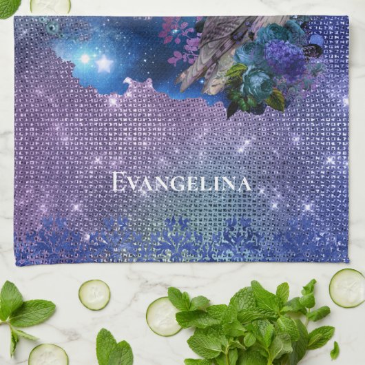 Boho Blue Paarse Owl Moon Theedoek (Gevouwen)