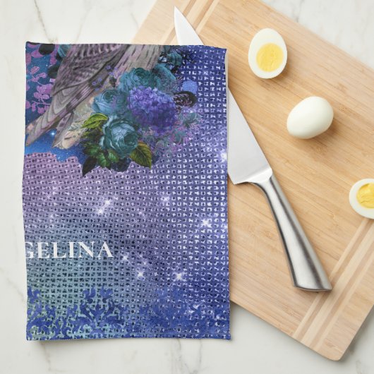 Boho Blue Paarse Owl Moon Theedoek (Quarter Fold)