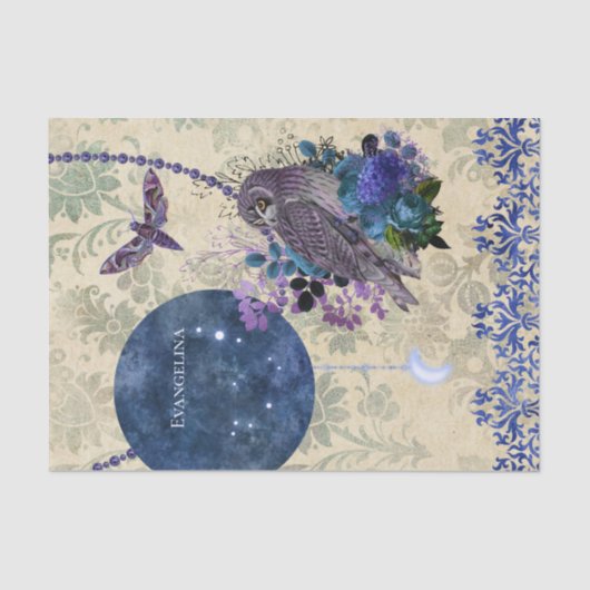 Boho Blue Paarse Owl Moon Tissuepapier (Voorkant)