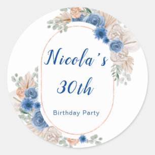 Boho Blue Pampas Gras Verjaardag Ronde Sticker