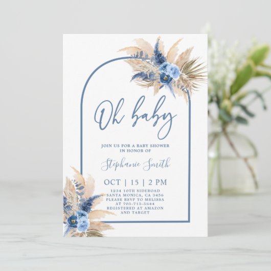 Boho Blue Pampas Grass Baby shower Boy Kaart (Staand voorkant)