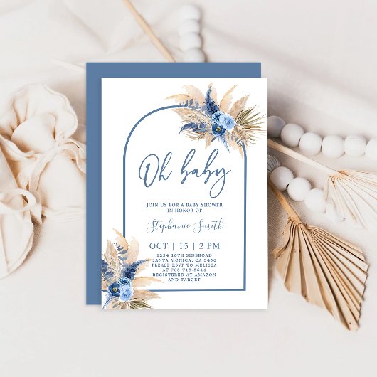 Boho Blue Pampas Grass Baby shower Boy Kaart