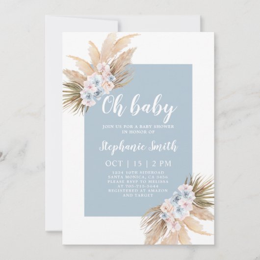 Boho Blue Pampas Grass Baby shower Boy Kaart (Voorkant)