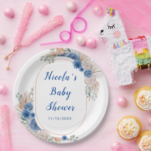 Boho Blue Pampas Grass Baby shower Papieren Bordje (Feest)