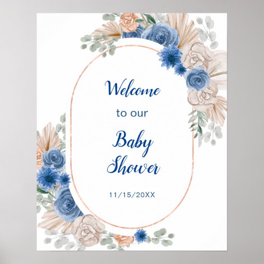 Boho Blue Pampas Grass Baby shower Poster (Voorkant)